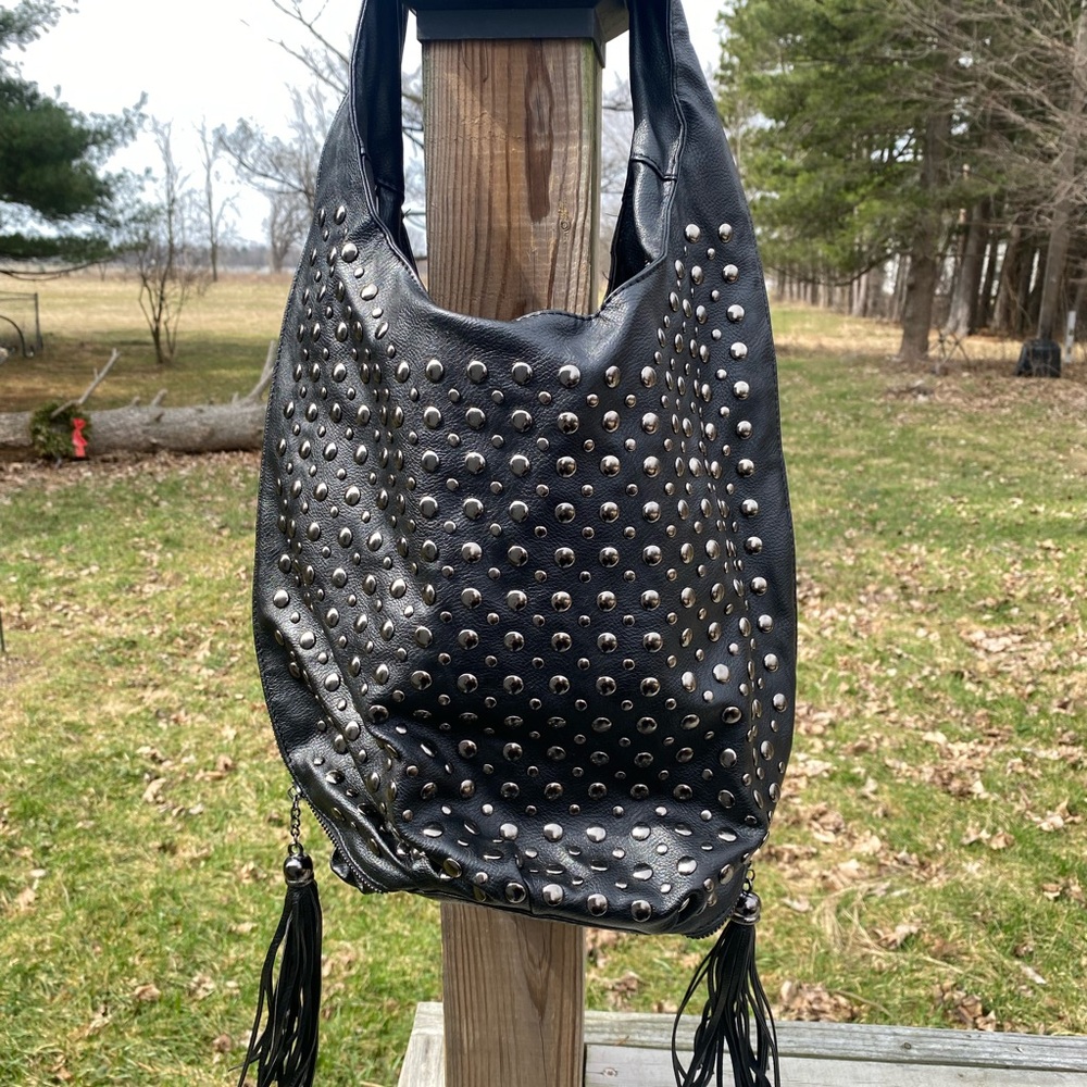 Elegant Black Studded Hobo Bag